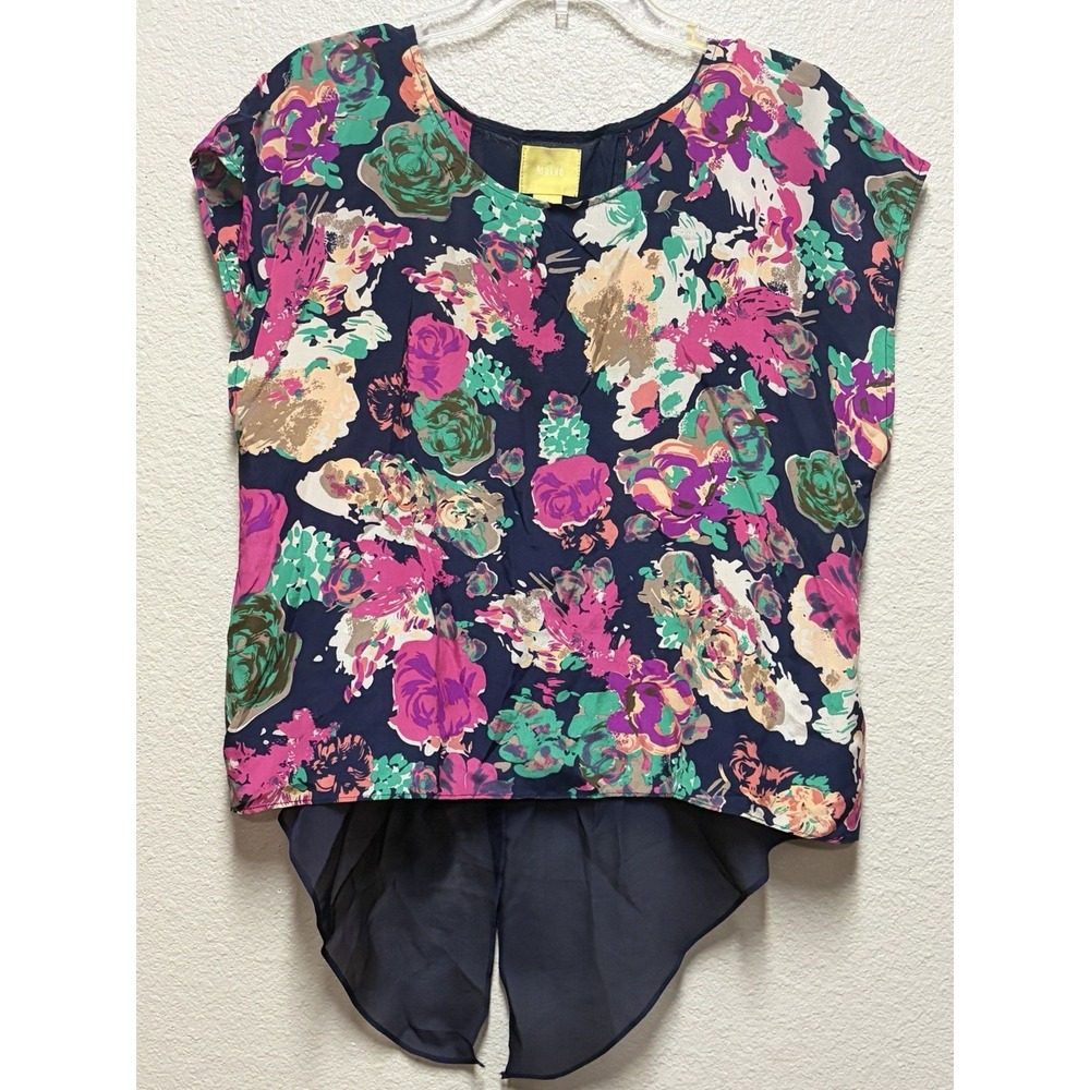 Maeve Women's 100% Silk Chiffon Sheer Floral Blouse Navy Multi Round Neck 8